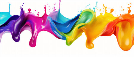 Colorful rainbow color acrylic paint flowing down over white background banner panoramaicの素材