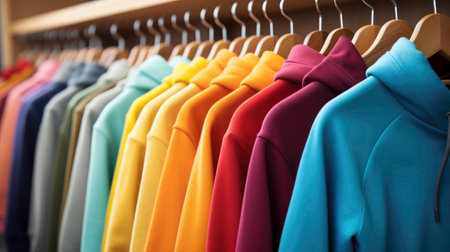 Colorful hoodies on hangers close - up modern designの素材