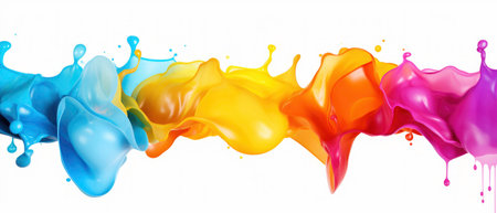 Colorful rainbow color acrylic paint flowing down over white background banner panoramaicの素材