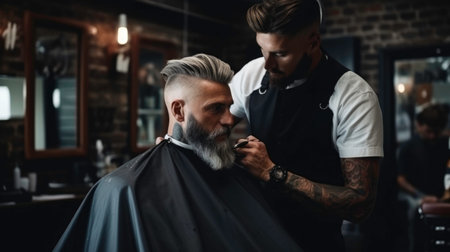Handsome hairdresser cutting hair of male client. Hairstylist serving client at barber shopの素材