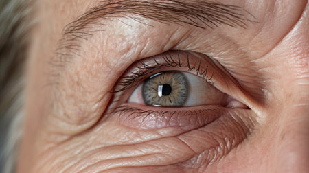 Woman crow's feet Close - up of a elderly woman face with frecklesの素材
