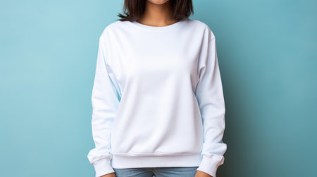 Woman wearing plain white crewneck sweatshirt, product mockup for Etsy, pastel blue backdropの素材