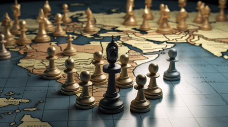 Concept of geopolitics or global economy. chess figures placed on map bannerの素材