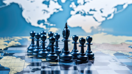 Concept of geopolitics or global economy. chess figures placed on map bannerの素材