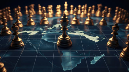 Concept of geopolitics or global economy. chess figures placed on map bannerの素材