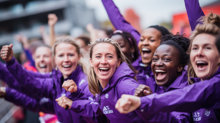 Group of female runners enjoying victoryの素材