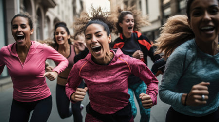 Group of female runners enjoying victoryの素材