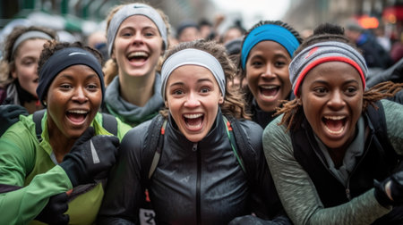 Group of female runners enjoying victoryの素材