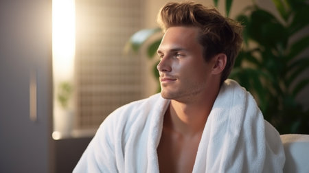 Refreshed young man using a bath towel after a showerの素材