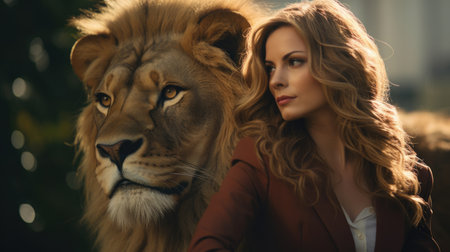 Resilient Business Woman Facing an Old Lionの素材