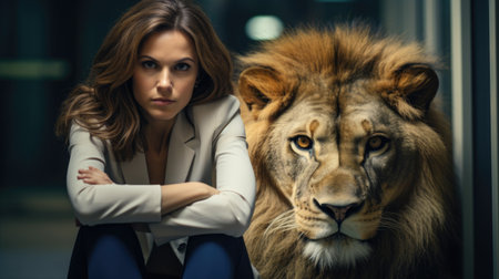 Resilient Business Woman Facing an Old Lionの素材