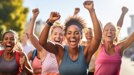Group of female runners enjoying victoryの素材