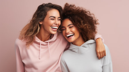 Sports, fitness and friendship: Group of young women laughing happily, dressed in sportswearの素材