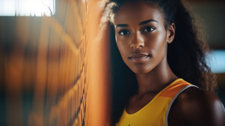 Young African American woman standing next to sport net, closeup female volleyball player portraitの素材