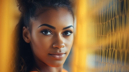 Young African American woman standing next to sport net, closeup female volleyball player portraitの素材