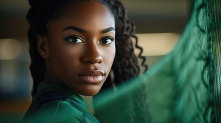 Young African American woman standing next to sport net, closeup female volleyball player portraitの素材