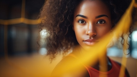 Young African American woman standing next to sport net, closeup female volleyball player portraitの素材