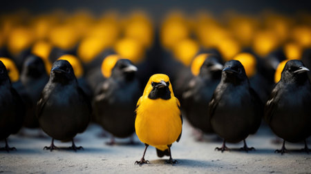 A group of black and Gold birds standing in a row. Toned. Standing out from the crowd. Leaderの素材