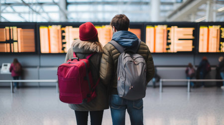Back view of man and woman with backpacks looking at flight information boardの素材