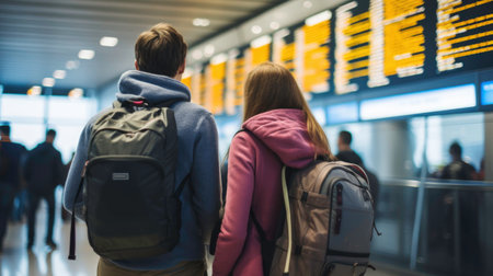 Back view of man and woman with backpacks looking at flight information boardの素材