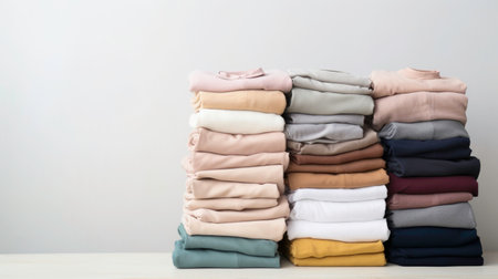 A stack of clean, freshly washed, neatly folded women's clothing on a wooden table.の素材