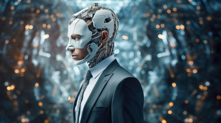 New workforce, Robot head suit worker, cyborg, office worker. Robotics, new normal, technologyの素材