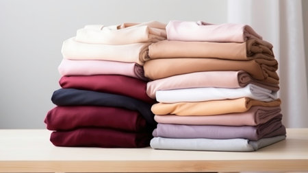 A stack of clean, freshly washed, neatly folded women's clothing on a wooden table.の素材