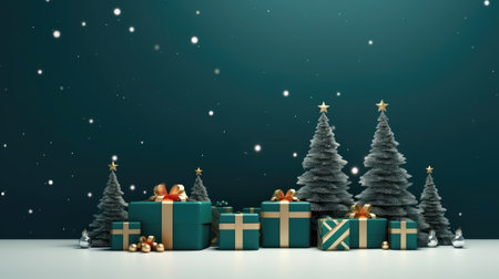 holiday scene with Christmas ornaments, green spruce and gift boxes, isolated on dark blue backgroundの素材