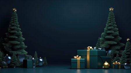 holiday scene with Christmas ornaments, green spruce and gift boxes, isolated on dark blue backgroundの素材