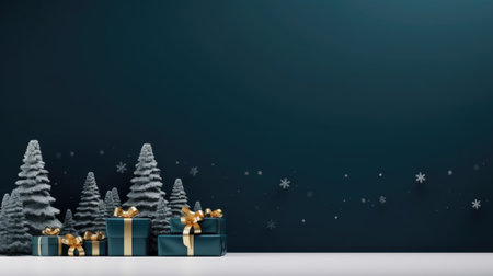 holiday scene with Christmas ornaments, green spruce and gift boxes, isolated on dark blue backgroundの素材