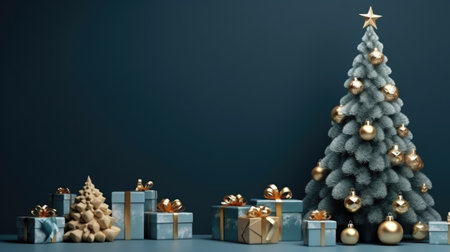 holiday scene with Christmas ornaments, green spruce and gift boxes, isolated on dark blue backgroundの素材