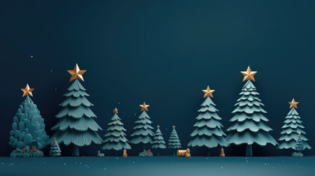 holiday scene with Christmas ornaments, green spruce and gift boxes, isolated on dark blue backgroundの素材