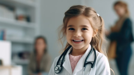 Doctor with a stethoscope to a little girl. happy smiling childの素材