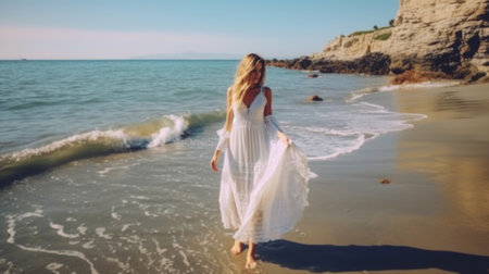 Photo Happy smiling beautiful woman on the ocean shore in a white summer dressの素材