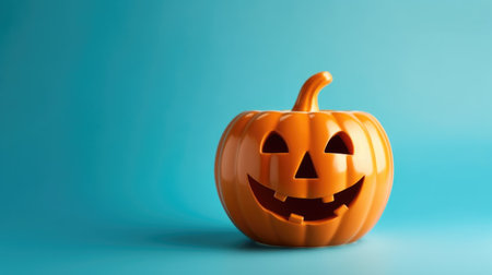 Smiling ceramic pumpkin lantern on a blue background. Happy Halloween or Thanksgiving conceptの素材
