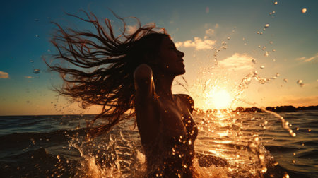The silhouette of a girl with her hair frozen in the air and splashes of waterの素材