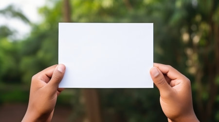 Close up men holding white paper blank for letter paper isolated on white backgroundの素材