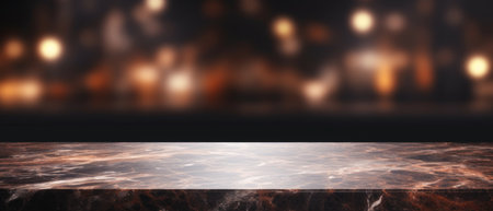 Modern empty dark marble table top or kitchen island on blurry bokeh kitchen room interiorの素材