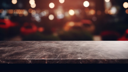 Modern empty dark marble table top or kitchen island on blurry bokeh kitchen room interiorの素材