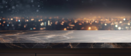 Modern empty dark marble table top or kitchen island on blurry bokeh kitchen room interiorの素材