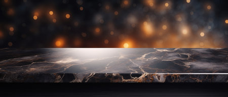 Modern empty dark marble table top or kitchen island on blurry bokeh kitchen room interiorの素材