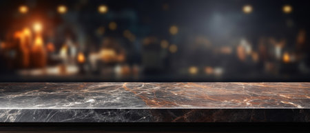 Modern empty dark marble table top or kitchen island on blurry bokeh kitchen room interiorの素材