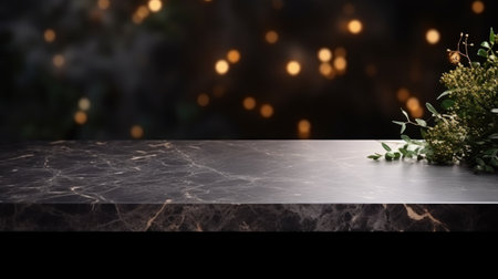 Modern empty dark marble table top or kitchen island on blurry bokeh kitchen room interiorの素材