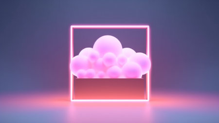 abstract minimalist background of pastel cloud and blank linear square frame glowing with neon lightの素材