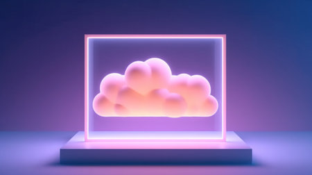 abstract minimalist background of pastel cloud and blank linear square frame glowing with neon lightの素材