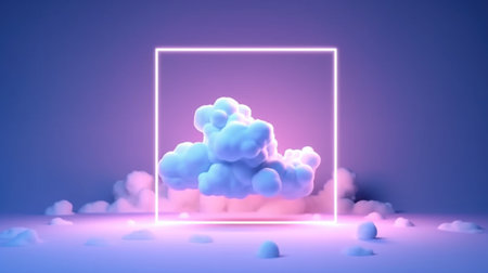 abstract minimalist background of pastel cloud and blank linear square frame glowing with neon lightの素材