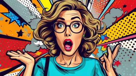 Amazed young woman in glasses with shopping bags in comic styleの素材