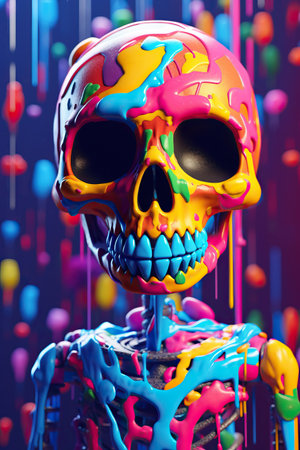 A cartoon skeleton with colorful paint on his faceの素材