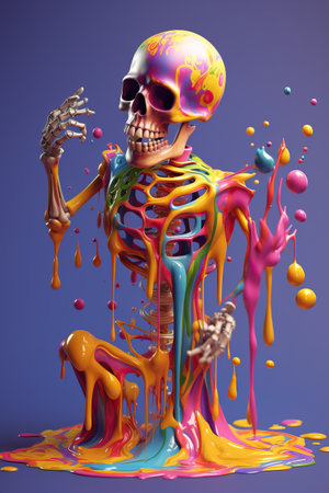 A colorful skeleton with paint out of its mouthの素材