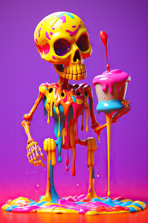 A colorful skeleton with paint out of its mouthの素材